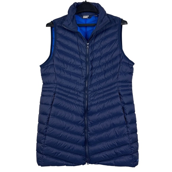 Lands' End Wanderweight Down Gilet Long Vest Womens M Ultralight Packable Blue - Picture 1 of 8